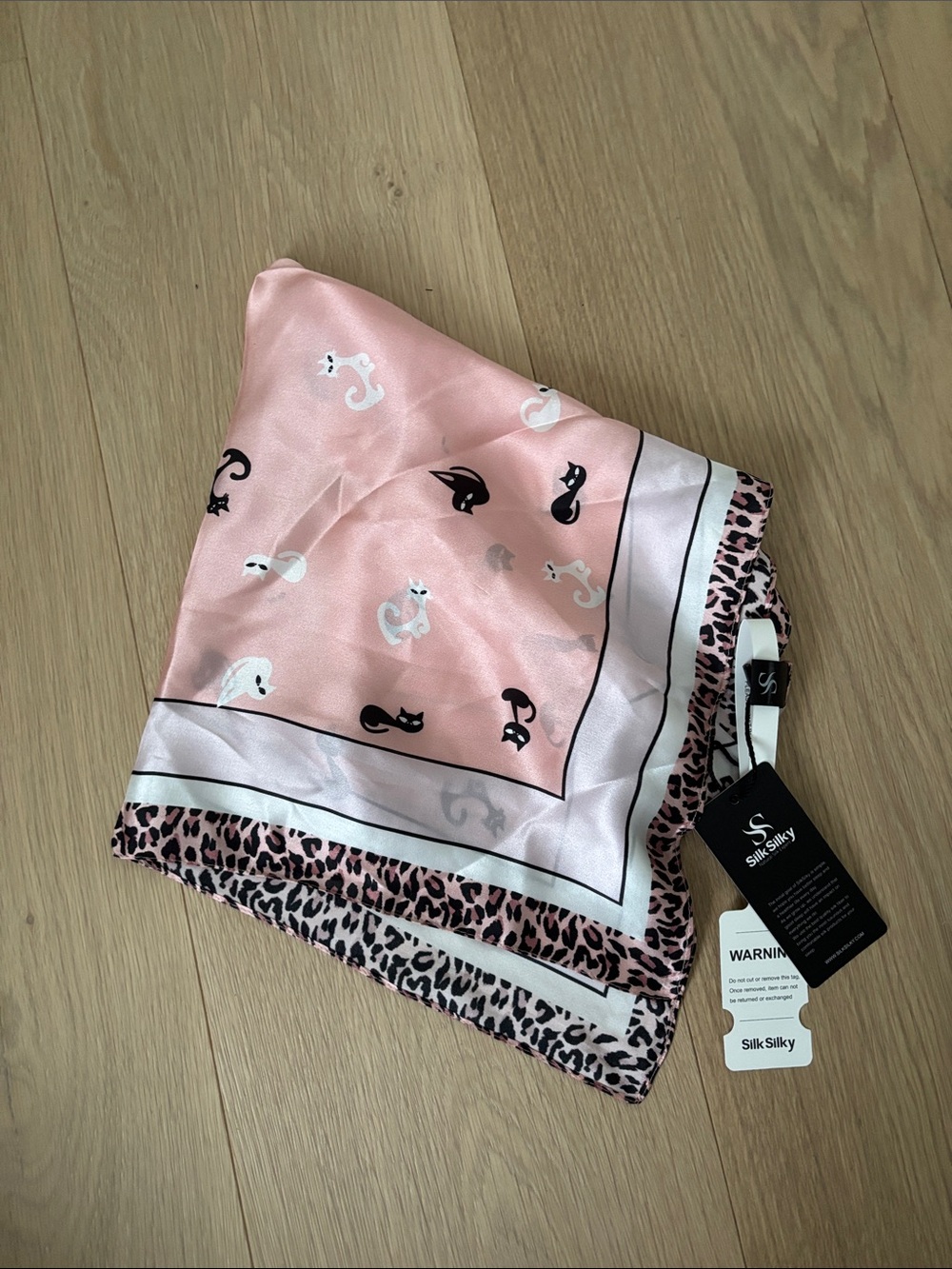 Pink Cat Print Satin Scarf with Leopard Border